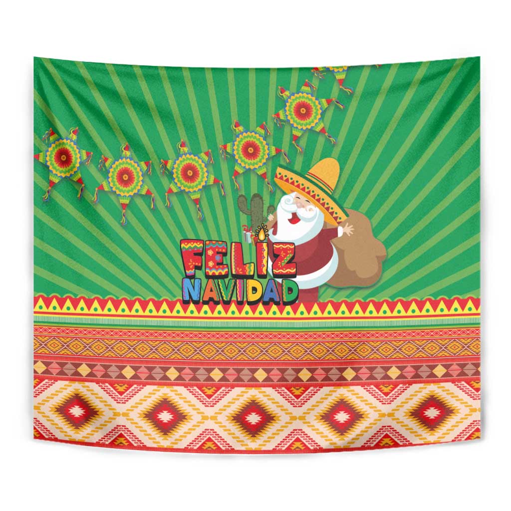 Green Feliz Navidad tapestry corner view with Aztec geometric pattern
