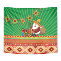 Green Feliz Navidad tapestry corner view with Aztec geometric pattern
