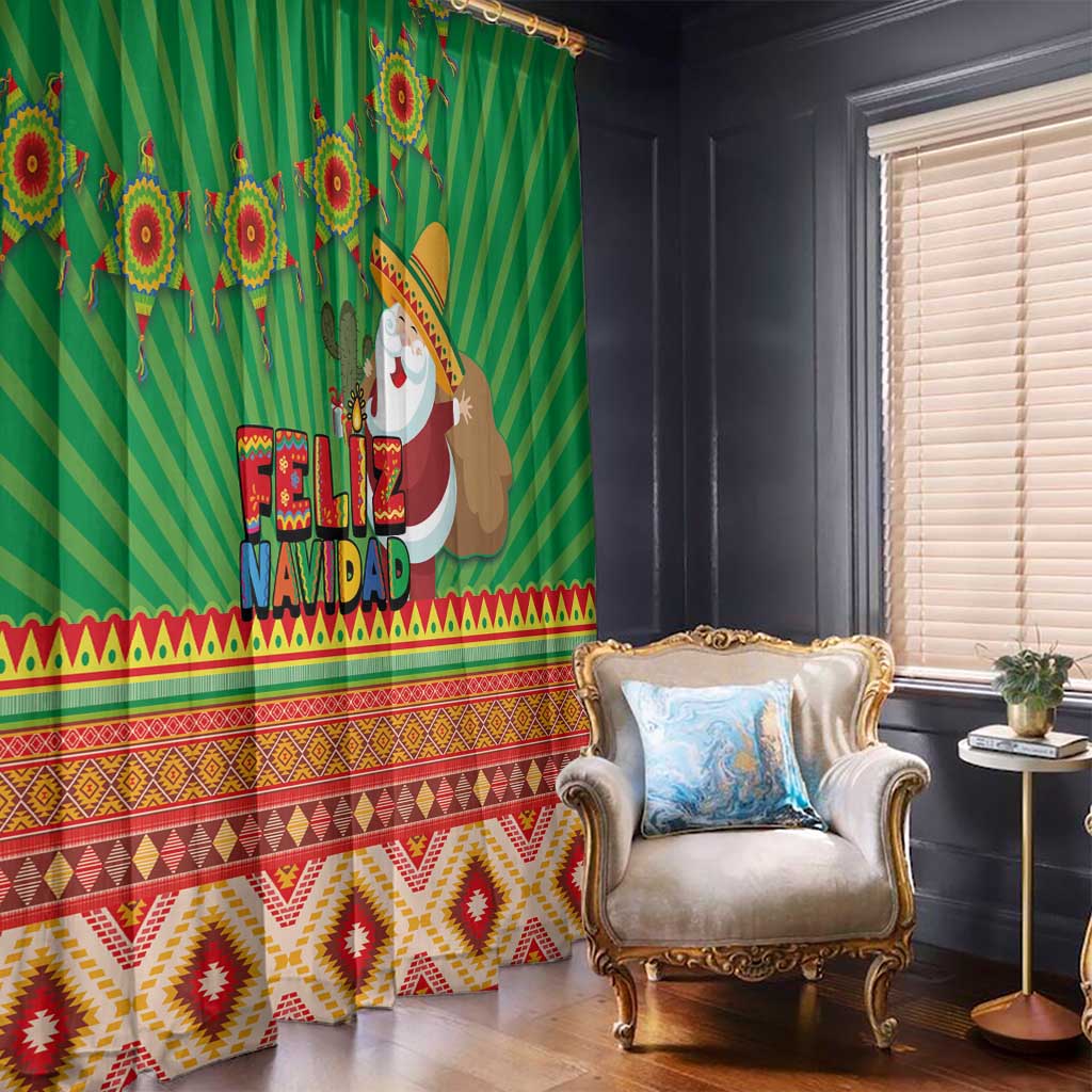 Green “Feliz Navidad” window curtains with striped pattern and colorful Aztec-style border.