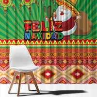 Green “Feliz Navidad” window curtain with striped background and red-and-gold geometric hem.