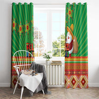 Green “FELIZ NAVIDAD” curtains with striped pattern and colorful Aztec geometric bottom trim.