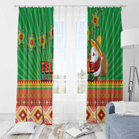 Green window curtain panels with striped design, “FELIZ NAVIDAD” graphics, and Aztec border.