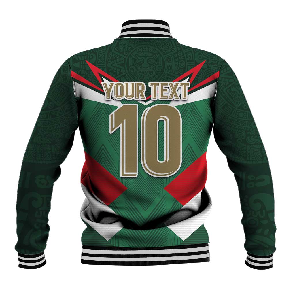 Green Mexico tricolor baseball jacket, back shows YOUR TEXT 10, snap buttons, ribbed trim