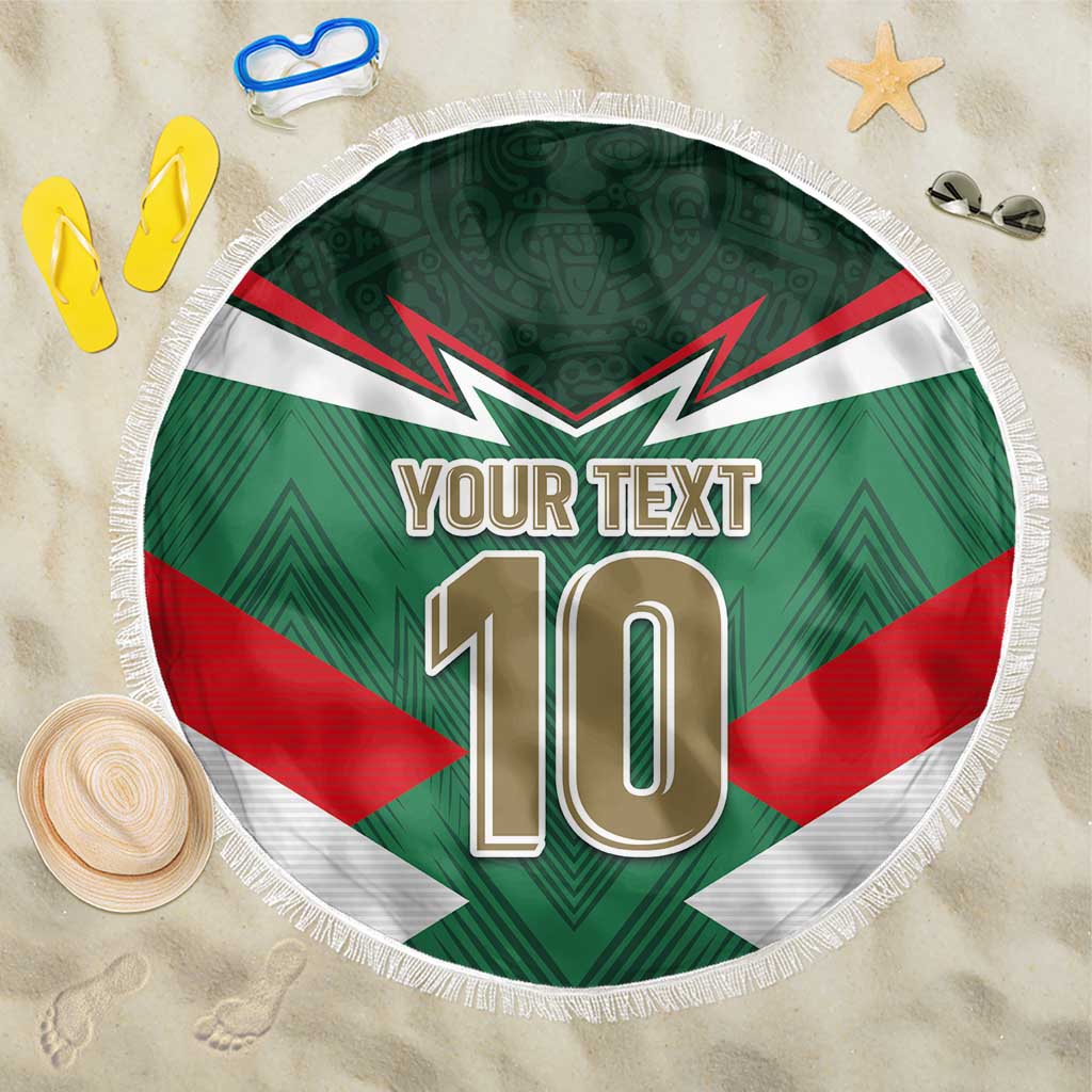 Round Mexico football beach blanket with fringe, green/red/white design and “10”