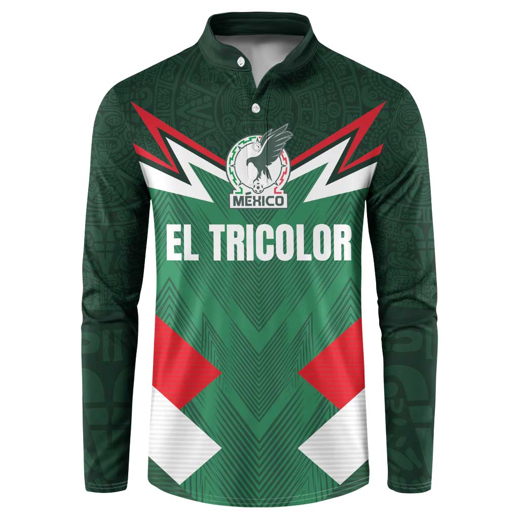 Green Mexico football button sweatshirt with El Tricolor crest and tricolor chevron graphic