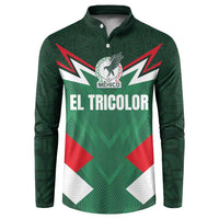 Green Mexico football button sweatshirt with El Tricolor crest and tricolor chevron graphic