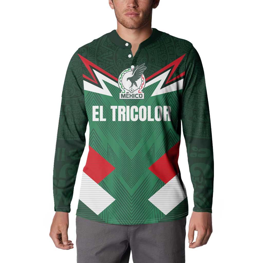 Green Mexico football button sweatshirt on model with El Tricolor crest and tricolor X graphic