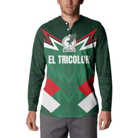 Green Mexico football button sweatshirt on model with El Tricolor crest and tricolor X graphic