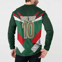 Green Mexico football button sweatshirt on model back with YOUR TEXT 10 and tricolor X design