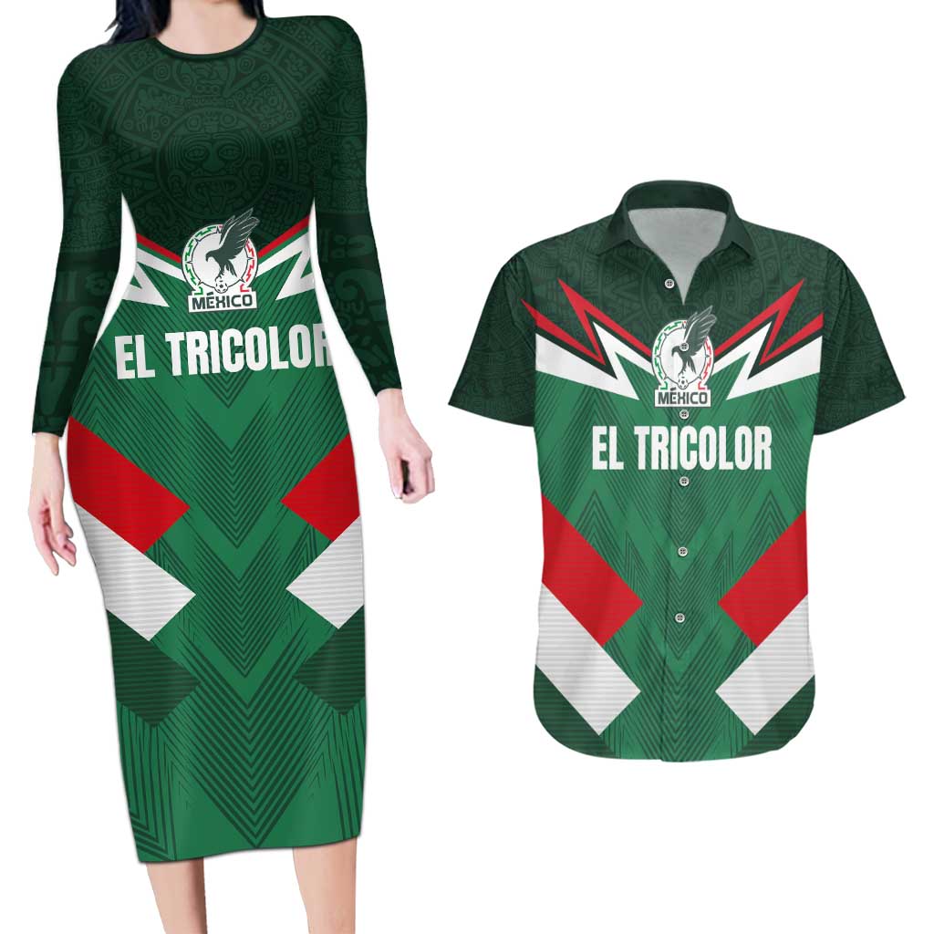 Custom Mexico Football Couples Matching Long Sleeve Bodycon Dress and Hawaiian Shirt El Tricolor 2024