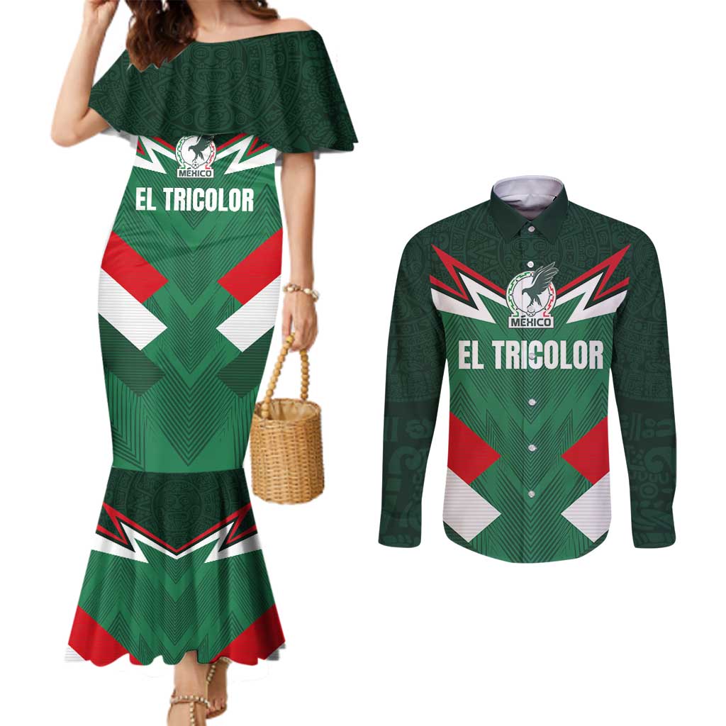 Custom Mexico Football Couples Matching Mermaid Dress and Long Sleeve Button Shirt El Tricolor 2024