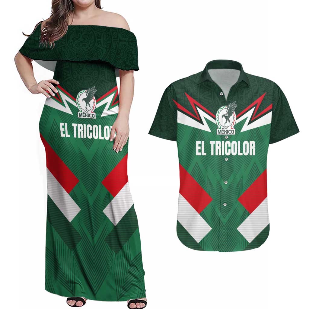 Custom Mexico Football Couples Matching Off Shoulder Maxi Dress and Hawaiian Shirt El Tricolor 2024