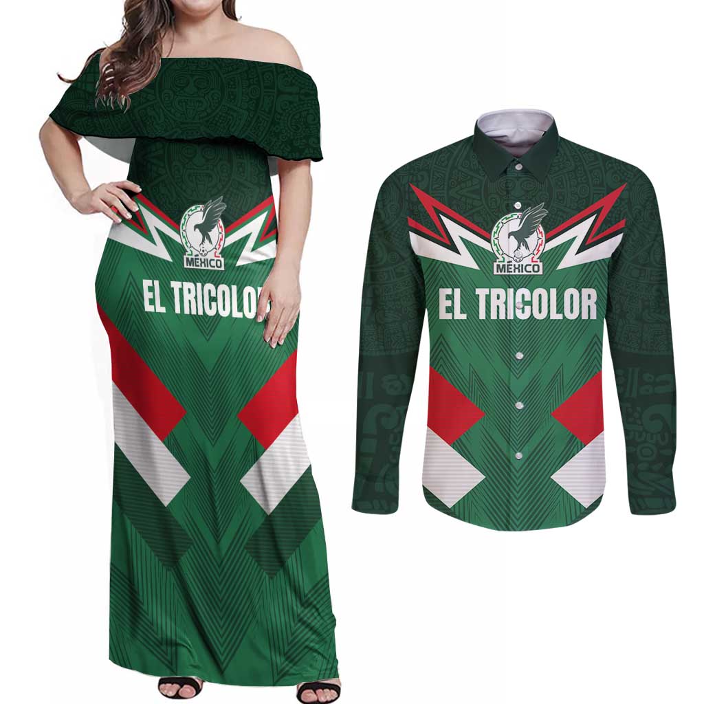 Custom Mexico Football Couples Matching Off Shoulder Maxi Dress and Long Sleeve Button Shirt El Tricolor 2024