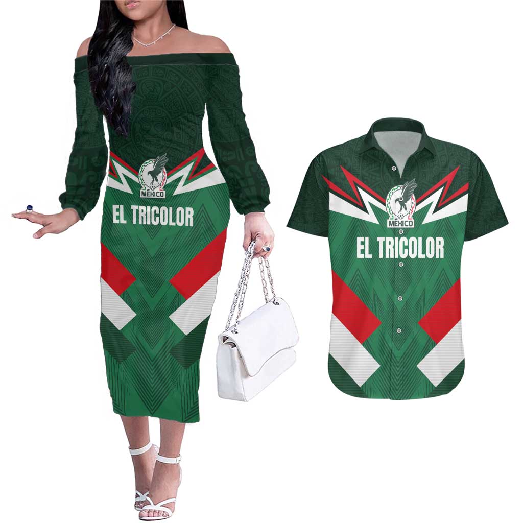 Custom Mexico Football Couples Matching Off The Shoulder Long Sleeve Dress and Hawaiian Shirt El Tricolor 2024