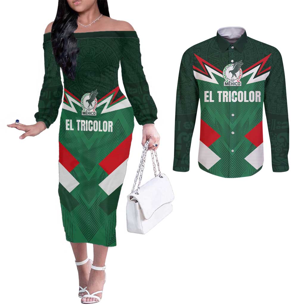 Custom Mexico Football Couples Matching Off The Shoulder Long Sleeve Dress and Long Sleeve Button Shirt El Tricolor 2024