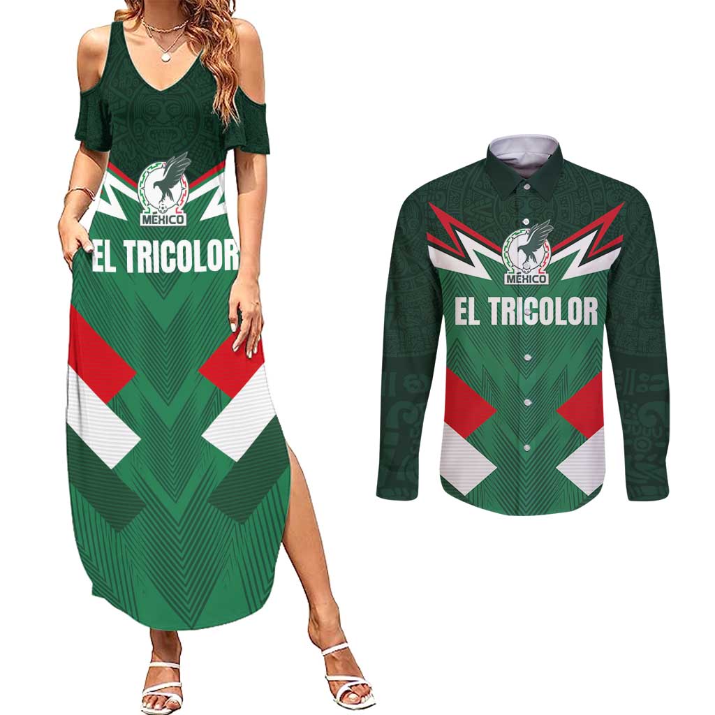 Custom Mexico Football Couples Matching Summer Maxi Dress and Long Sleeve Button Shirt El Tricolor 2024