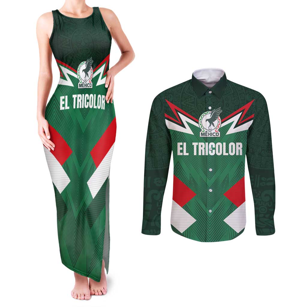 Custom Mexico Football Couples Matching Tank Maxi Dress and Long Sleeve Button Shirt El Tricolor 2024