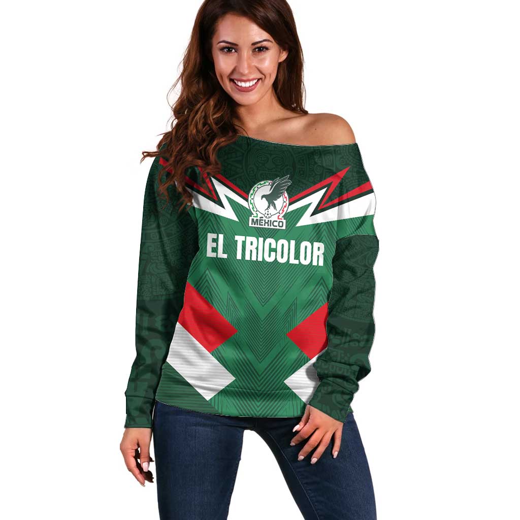 Custom Mexico Football Off Shoulder Sweater El Tricolor 2024 - Wonder Print Shop