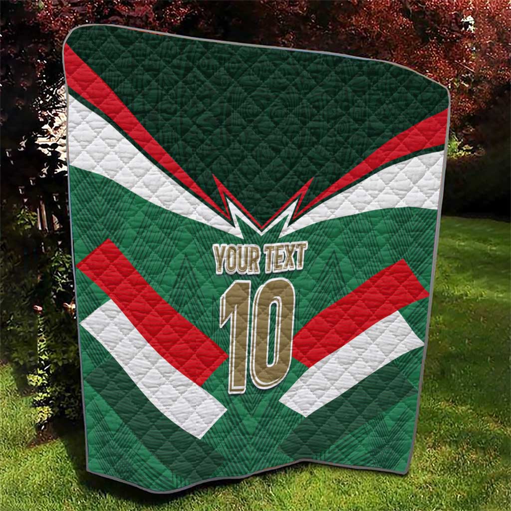 Custom Mexico football quilt with green base, red-and-white tricolor arrows, “YOUR TEXT” and 10