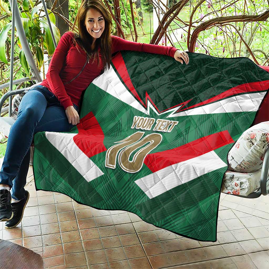 Custom Mexico football quilt laid out: green, red, and white tricolor with “YOUR TEXT” and 10