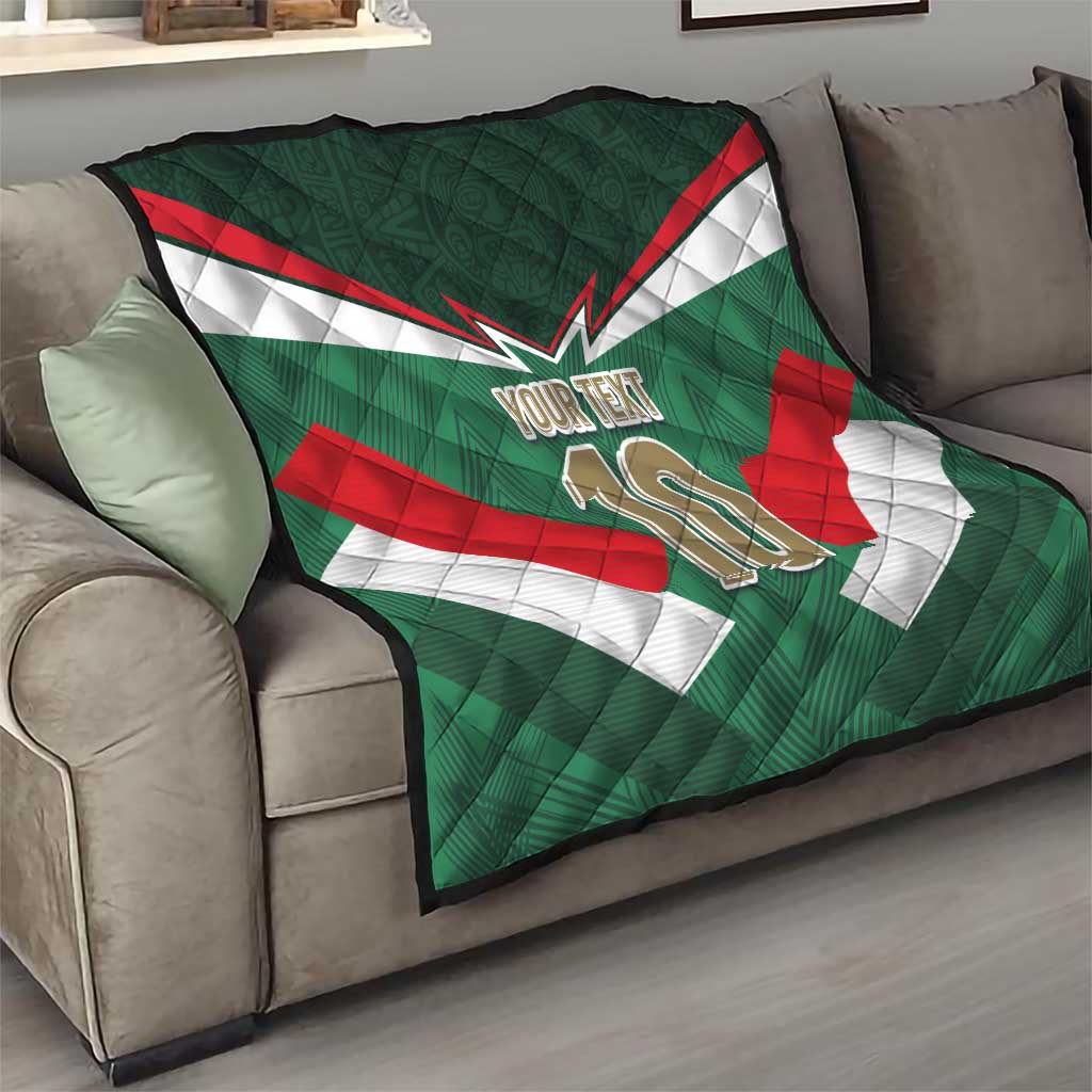 Custom Mexico football quilt on sofa featuring green, red, and white tricolor with “YOUR TEXT” 10