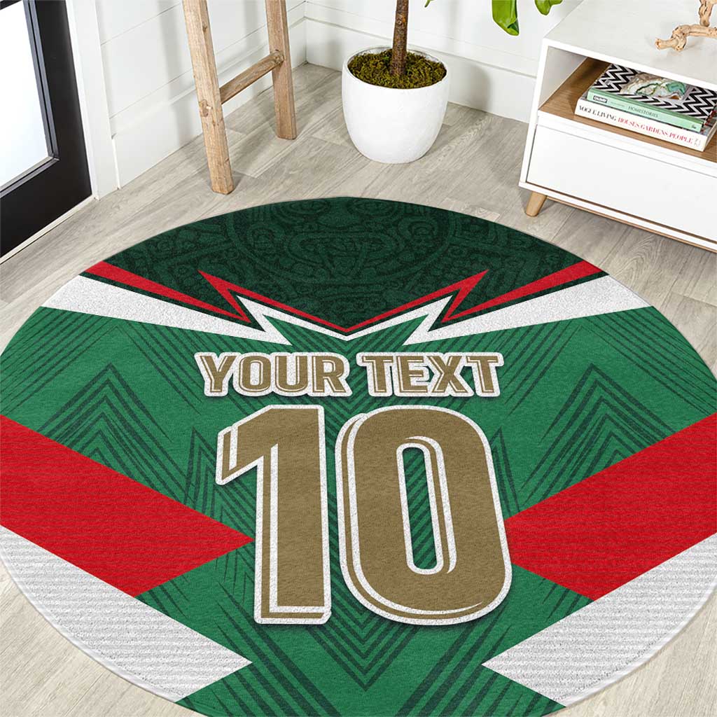 Round Mexico tricolor football rug, green with red and white, “YOUR TEXT” 10 design