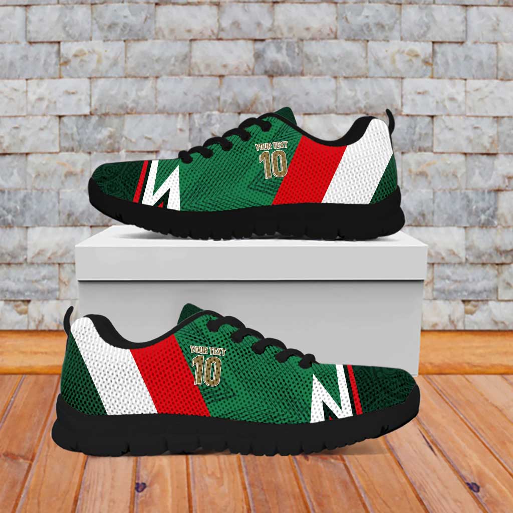 Mexico tricolor football sneakers with black sole, side view on white display box