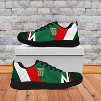 Mexico tricolor football sneakers with black sole, side view on white display box