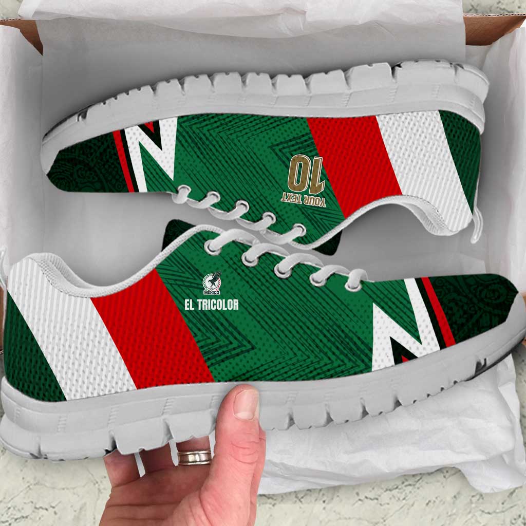 Mexico tricolor football sneakers with white laces and black sole, close-up front