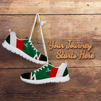 Mexico tricolor football sneakers, white upper laces with black outsole, side angle