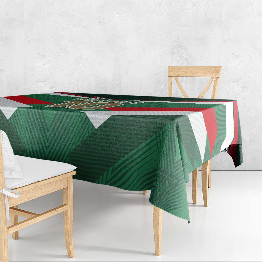 Mexico tricolor football tablecloth draped across a table, green, white, red geometric stripes