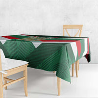 Mexico tricolor football tablecloth draped across a table, green, white, red geometric stripes