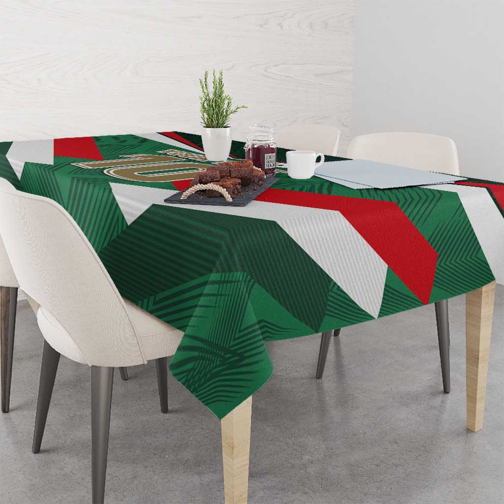 Mexico tricolor football tablecloth on dining table with green, white, red stripe pattern