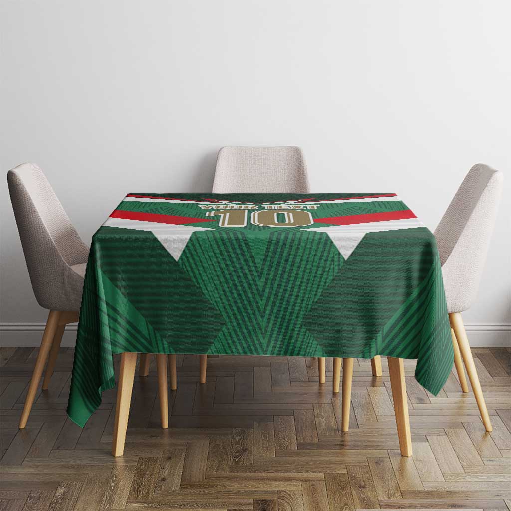 Mexico tricolor football tablecloth on square table with 10 emblem, green, white, red stripes