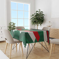 Mexico tricolor football tablecloth covering dining table, green, white, red striped design