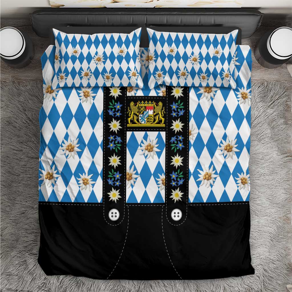 Bavarian-style bedding set with blue diamond pattern, edelweiss flowers, and crest panel