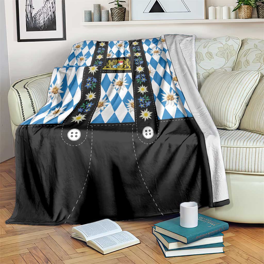 Bavaria traditional lederhosen costume blanket with blue diamond and flower pattern, black panels