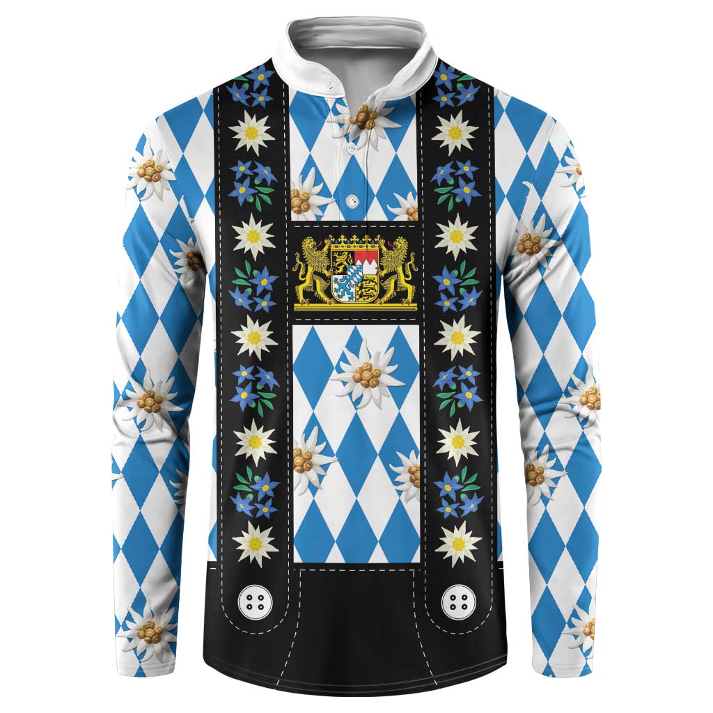 Blue-and-white diamond plaid button-front sweatshirt with black trim, crest and edelweiss