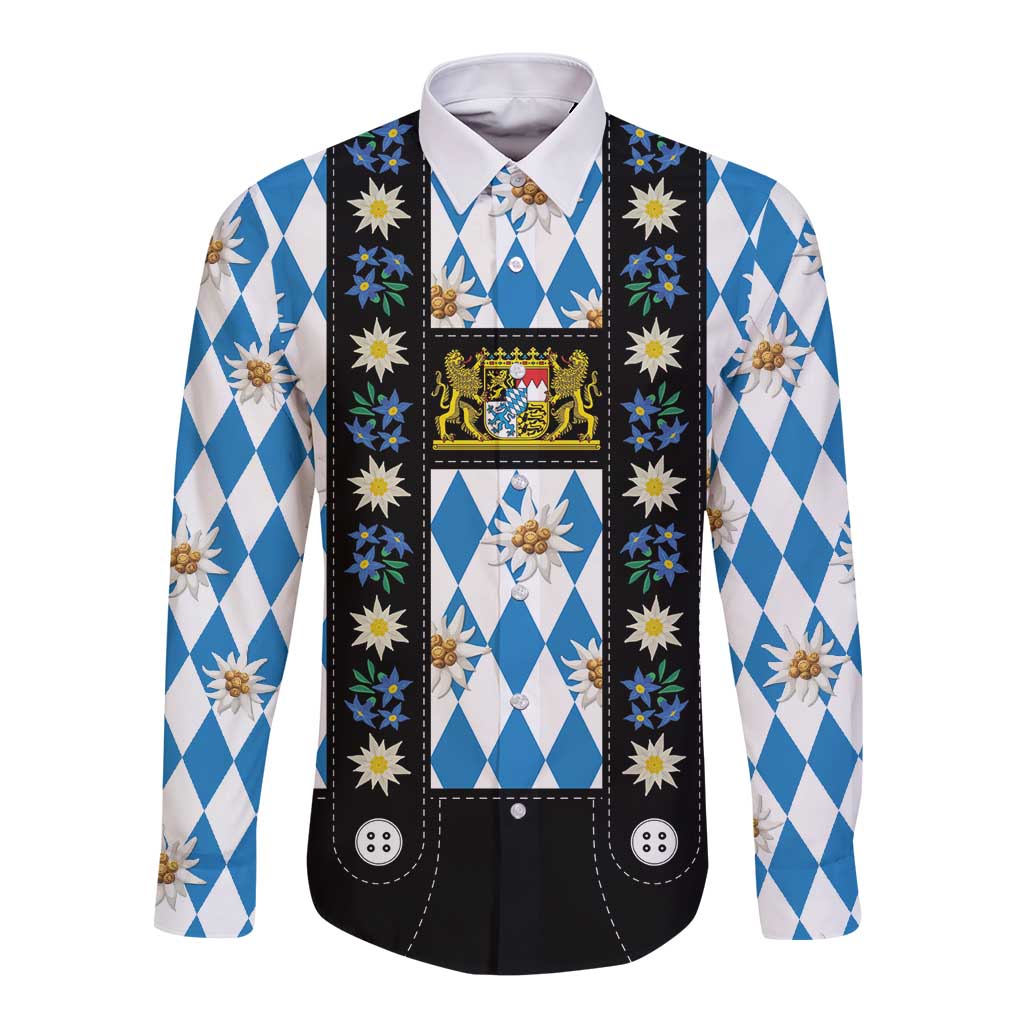 Traditional long-sleeve button shirt with blue argyle plaid, floral panels, dark vest front.