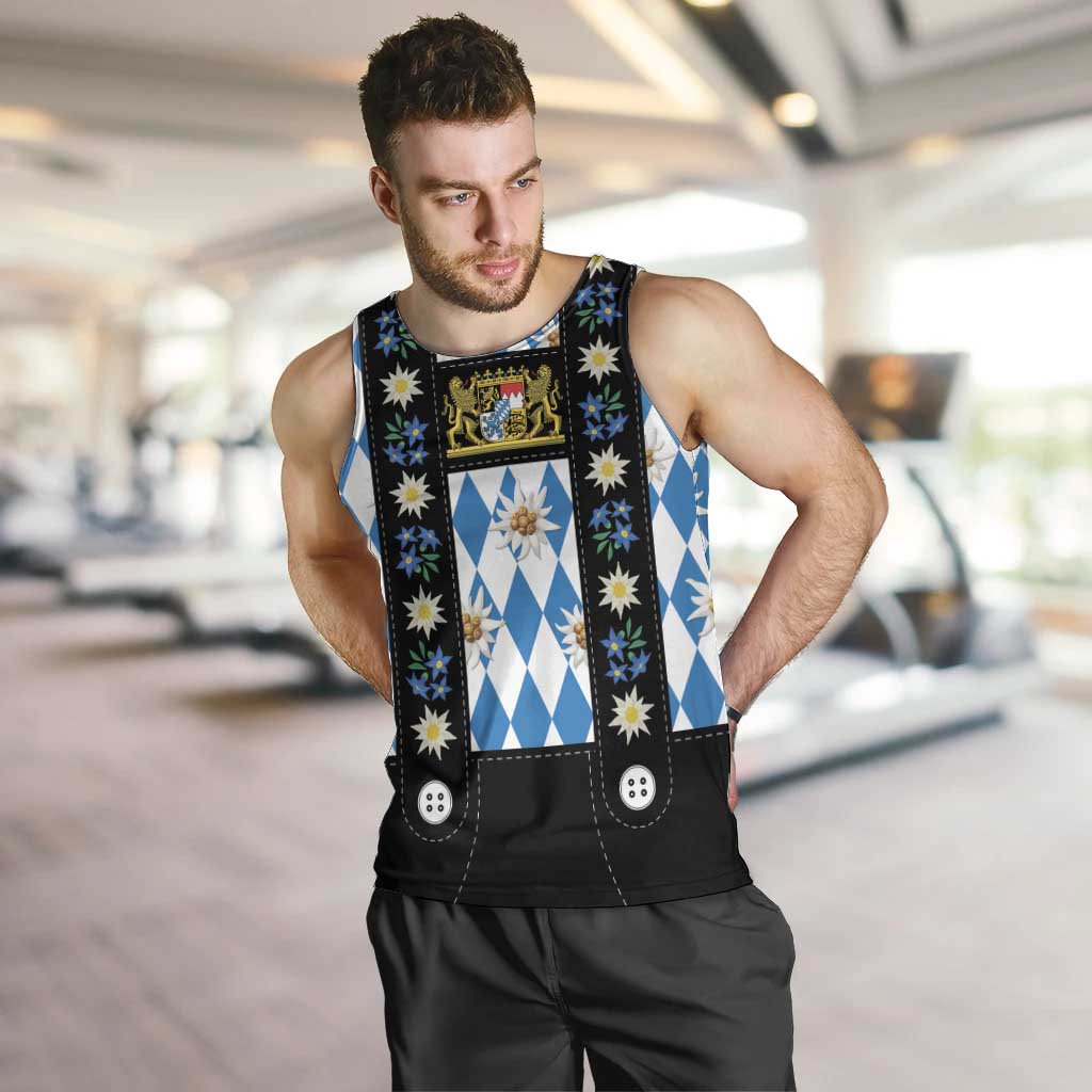 Bavaria Traditional Lederhosen Costume Men Tank Top Bavaria Emblem - Blue Plaid Pattern with Edelweiss Flowers