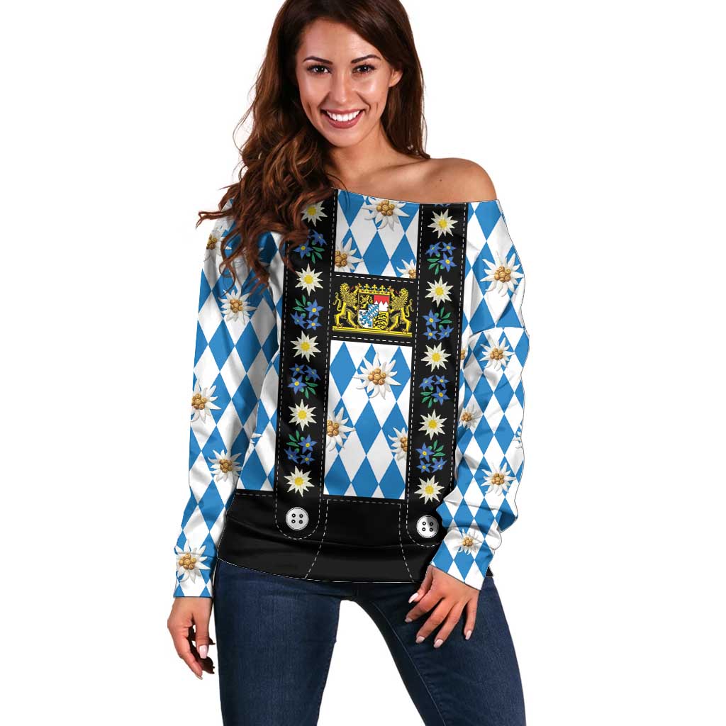 Bavaria Traditional Lederhosen Costume Off Shoulder Sweater Bavaria Emblem - Blue Plaid Pattern with Edelweiss Flowers