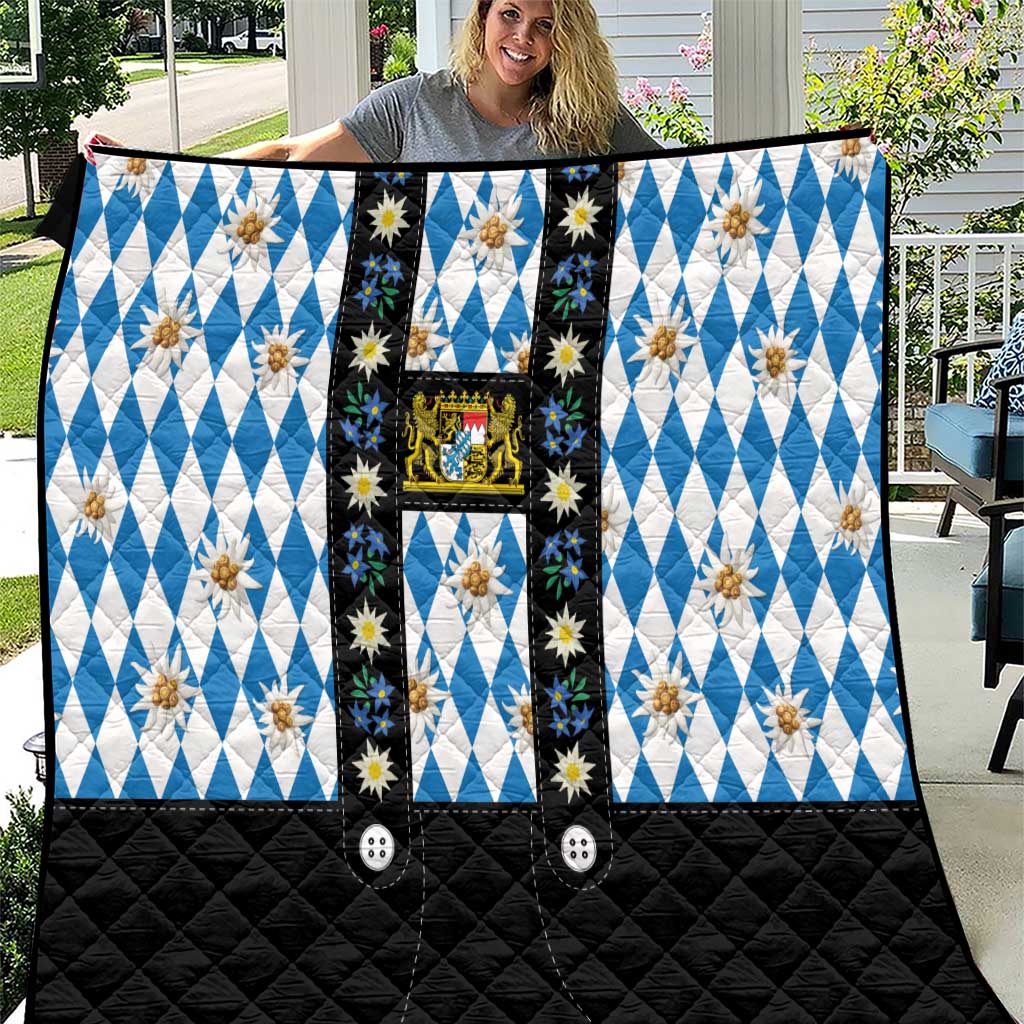 Bavaria Traditional Lederhosen Costume Quilt Bavaria Emblem - Blue Plaid Pattern with Edelweiss Flowers - Wonder Print Shop