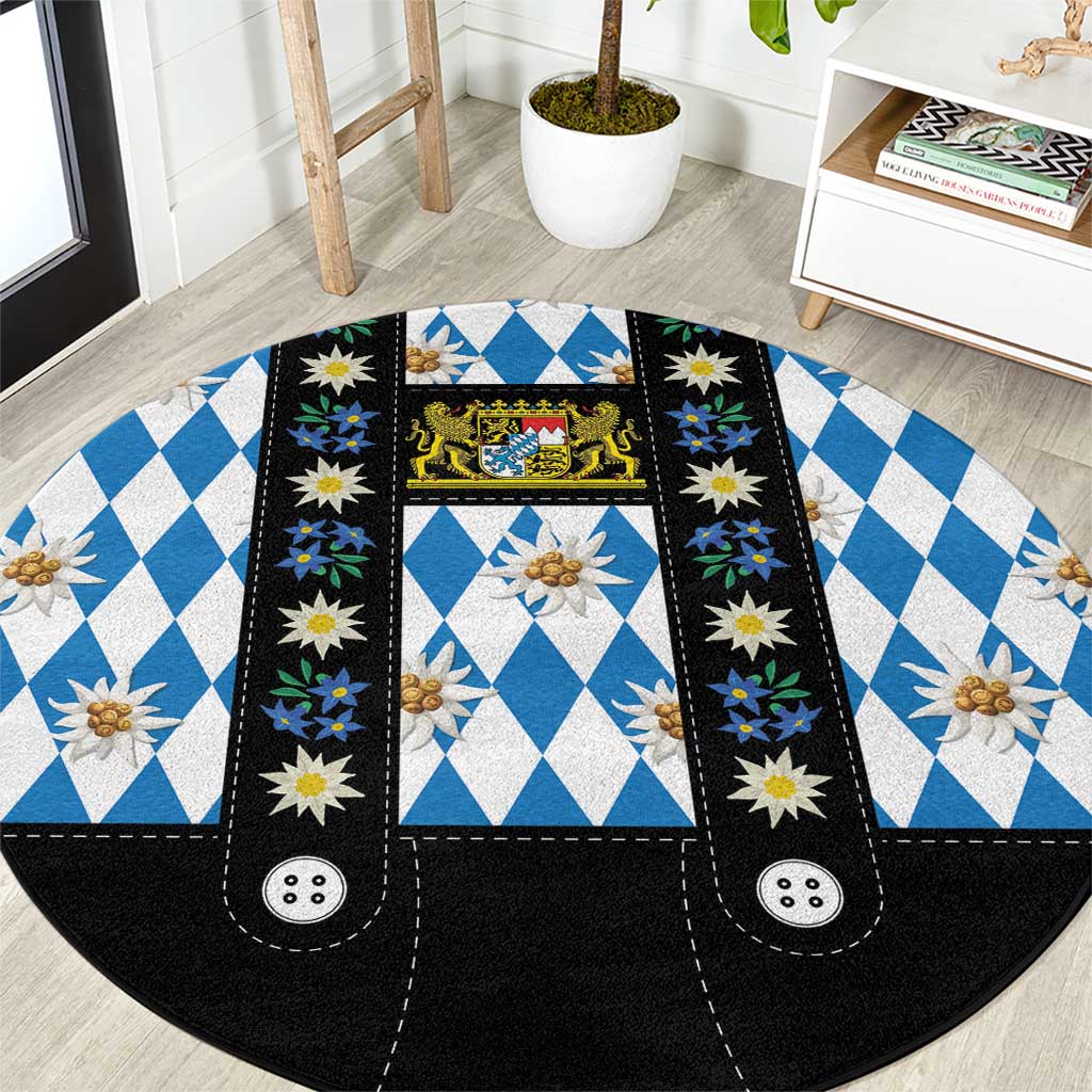 Round Bavarian emblem carpet with blue diamond plaid, black border, edelweiss flowers