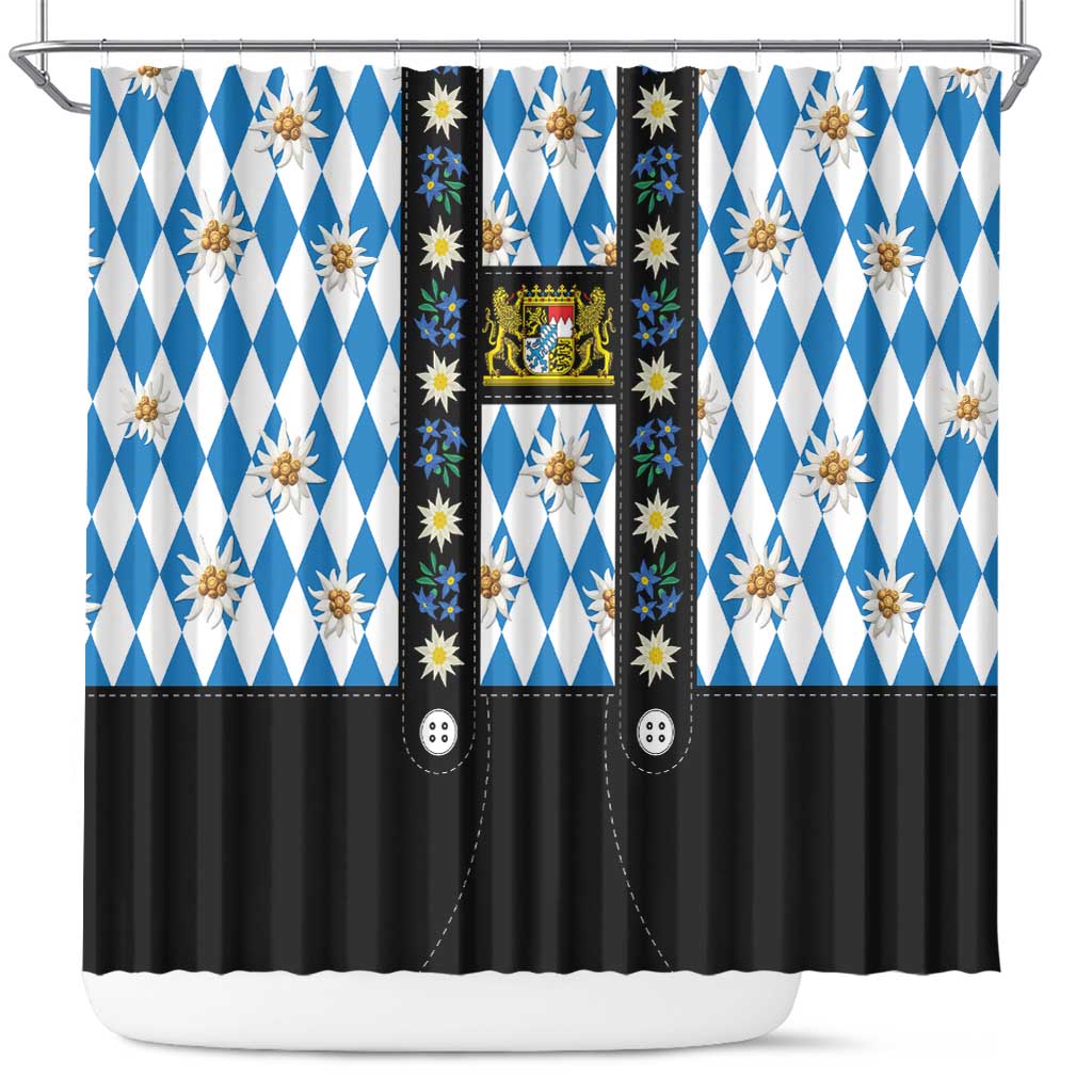 Bavaria Traditional Lederhosen Costume Shower Curtain Bavaria Emblem - Blue Plaid Pattern with Edelweiss Flowers - Wonder Print Shop