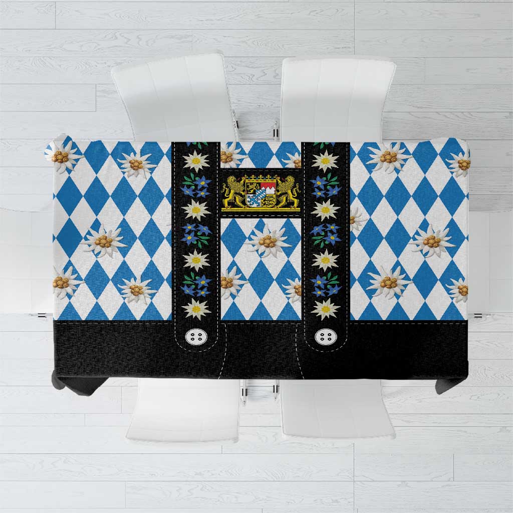 Blue-and-white diamond plaid tablecloth with small white flowers and a black center panel