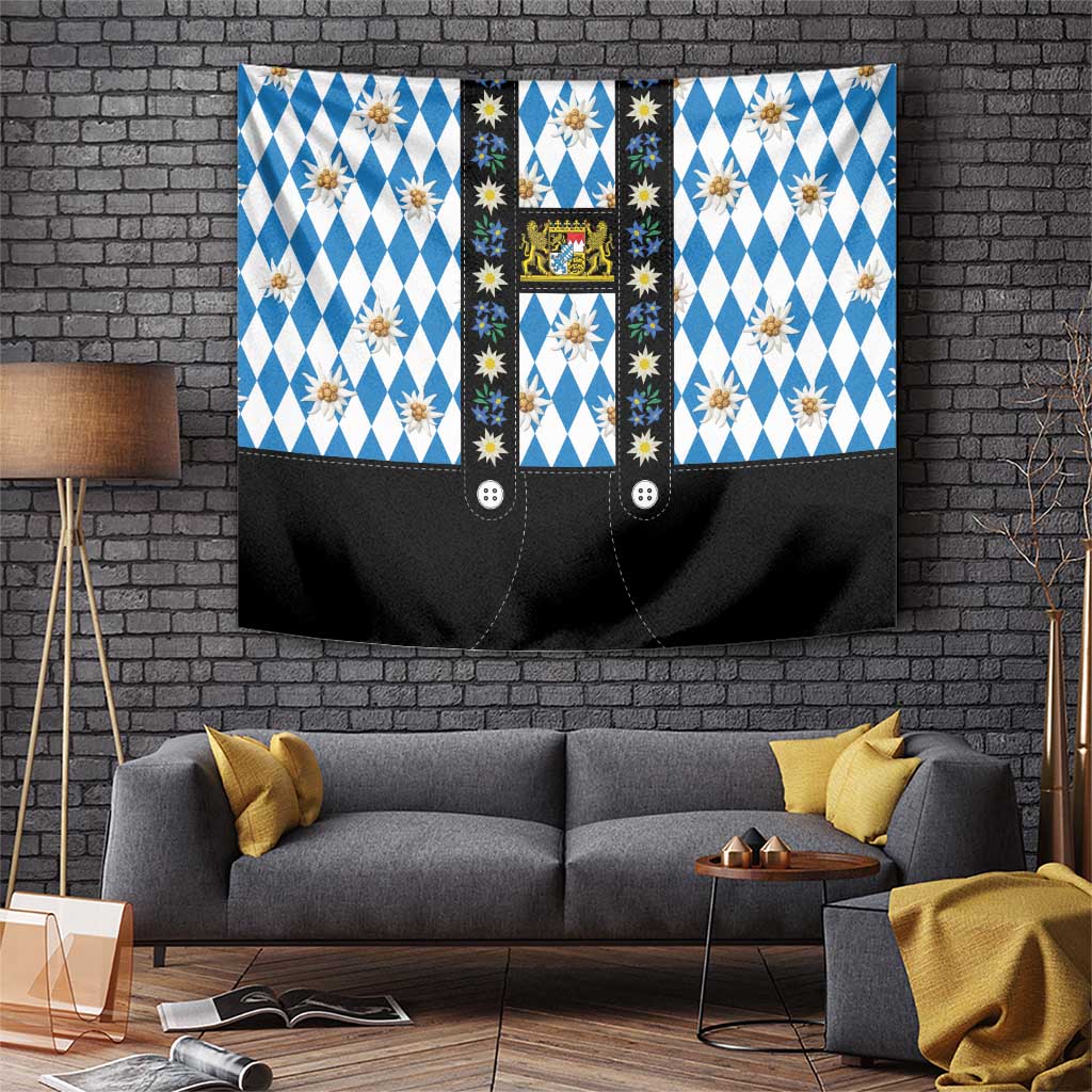 Blue and white diamond Bavarian tapestry with gold crest, edelweiss flowers, black lederhosen hem