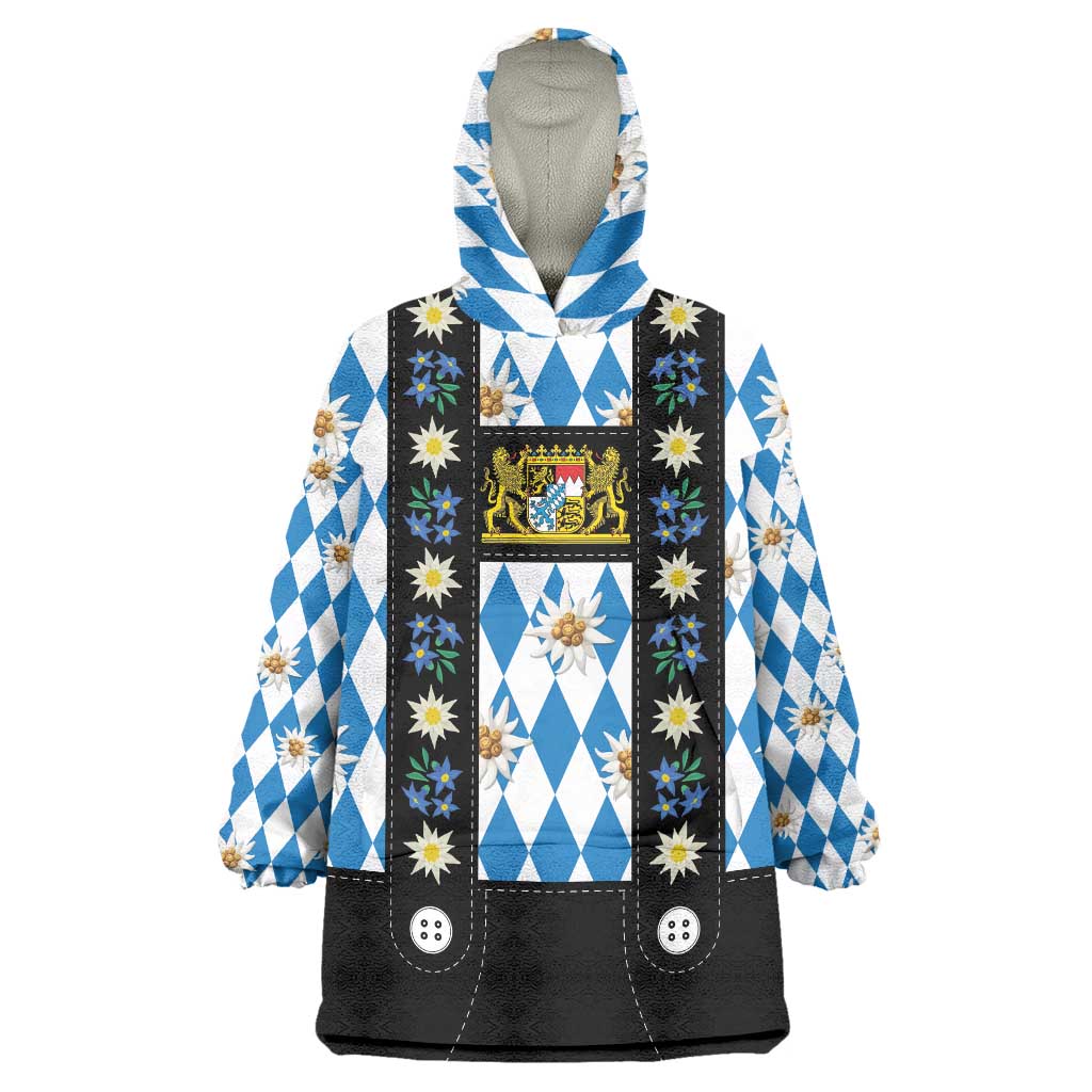 Bavaria Traditional Lederhosen Costume Wearable Blanket Hoodie Bavaria Emblem - Blue Plaid Pattern with Edelweiss Flowers