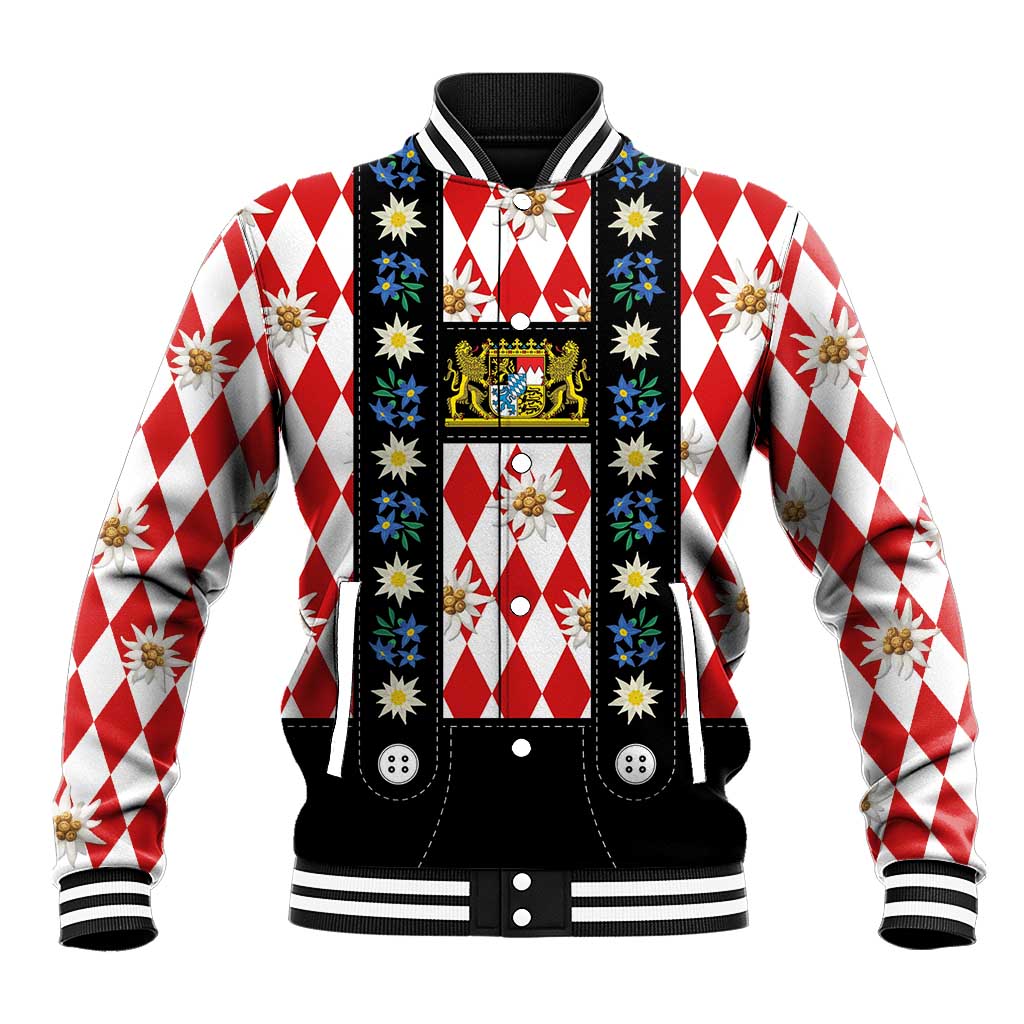 Lederhosen-style baseball jacket with red and white diamond plaid, floral patches