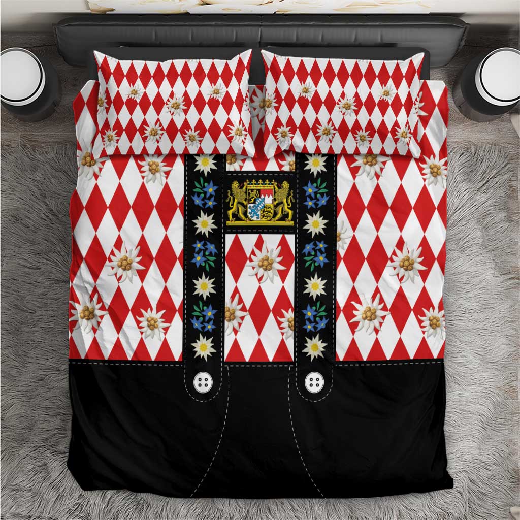 Bavaria bedding set top view: red diamonds, central crest panels, edelweiss, black lower
