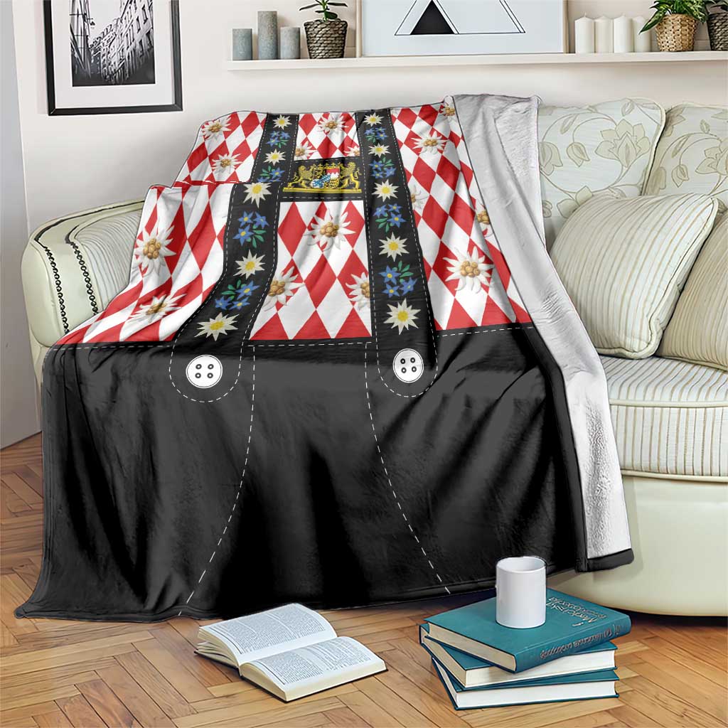 Traditional Bavaria blanket: red diamond plaid, edelweiss flowers, blue trim, black border